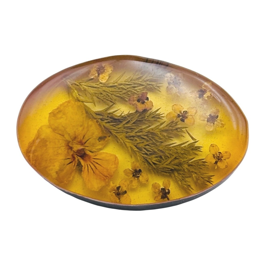 Vintage Mexico 925 Sterling Silver Pressed Flower Resin Oval‎ Brooch Pin Yellow